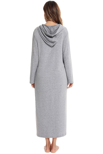 Zip Front Hooded Night Dress with Pockets 