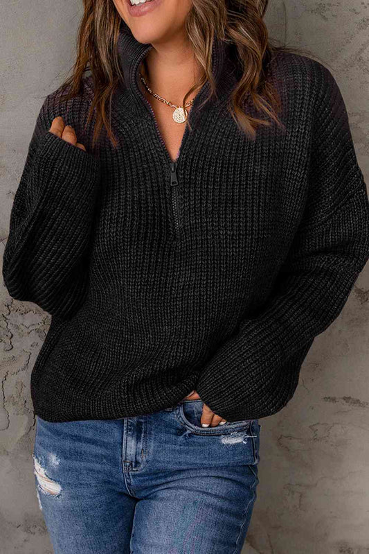 Woven Right Half Zip Rib-Knit Dropped Shoulder Sweater - Babbazon Jumper