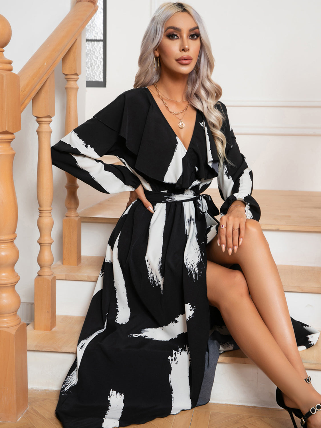 Printed Tie Front Ruffle Trim Long Sleeve Dress 