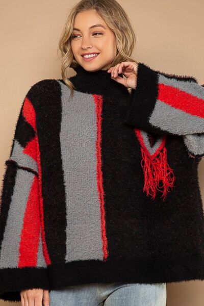 POL Turtleneck Color Block Fringe Detail Sweater 