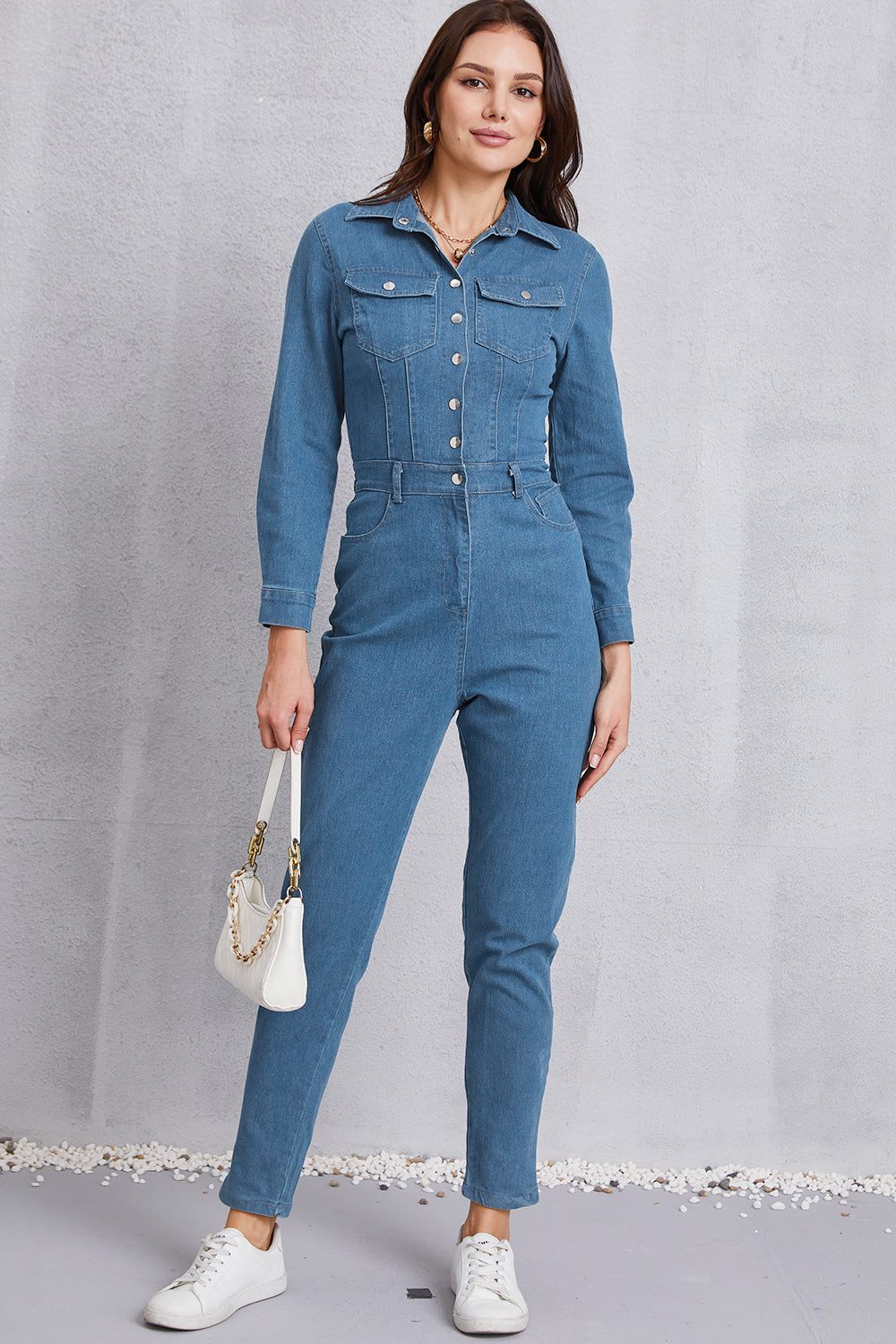 Snap Down Denim Jumpsuit with Pockets 