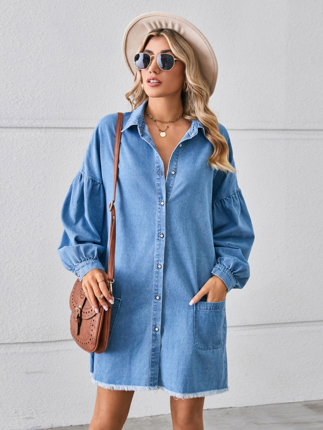 Button Up Pocketed Raw Hem Denim Dress 