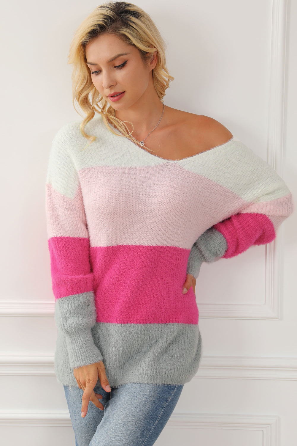 Color Block V-Neck Dropped Shoulder Sweater 