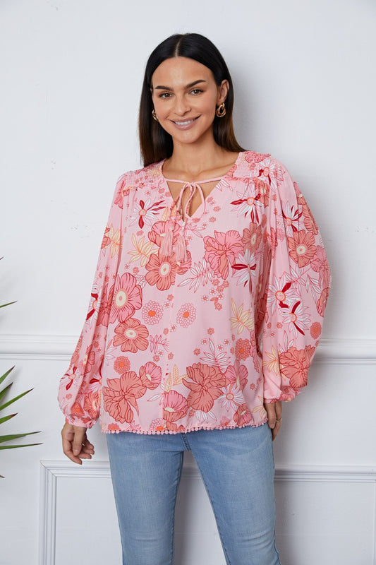 Floral Smocked Tassel Tie Balloon Sleeve Blouse - Babbazon blouse