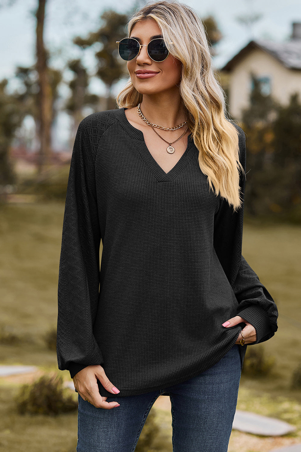 Eyelet Notched Raglan Sleeve T-Shirt 