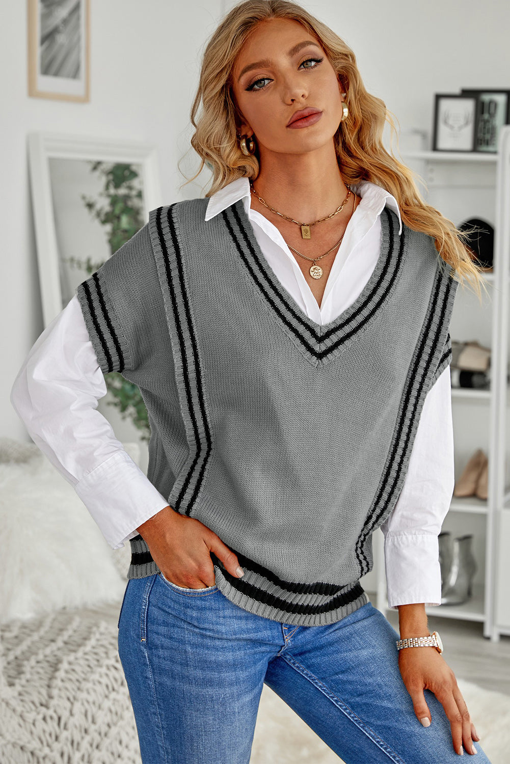 Striped V-Neck Short Sleeve Sweater 