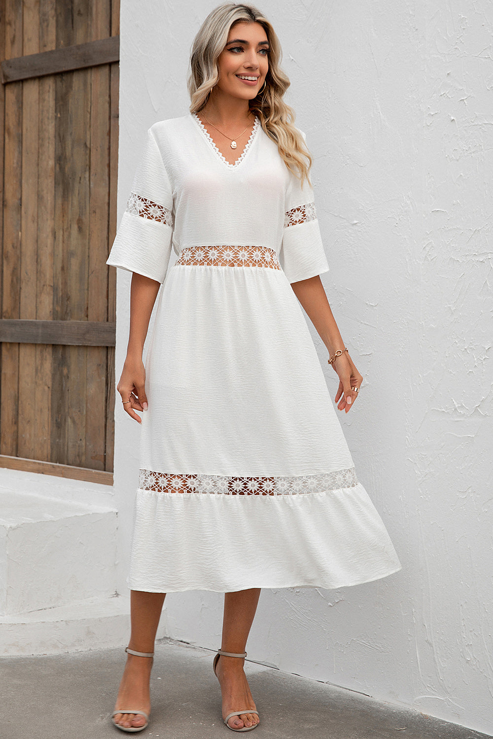 Cutout V-Neck Half Sleeve Midi Dress 