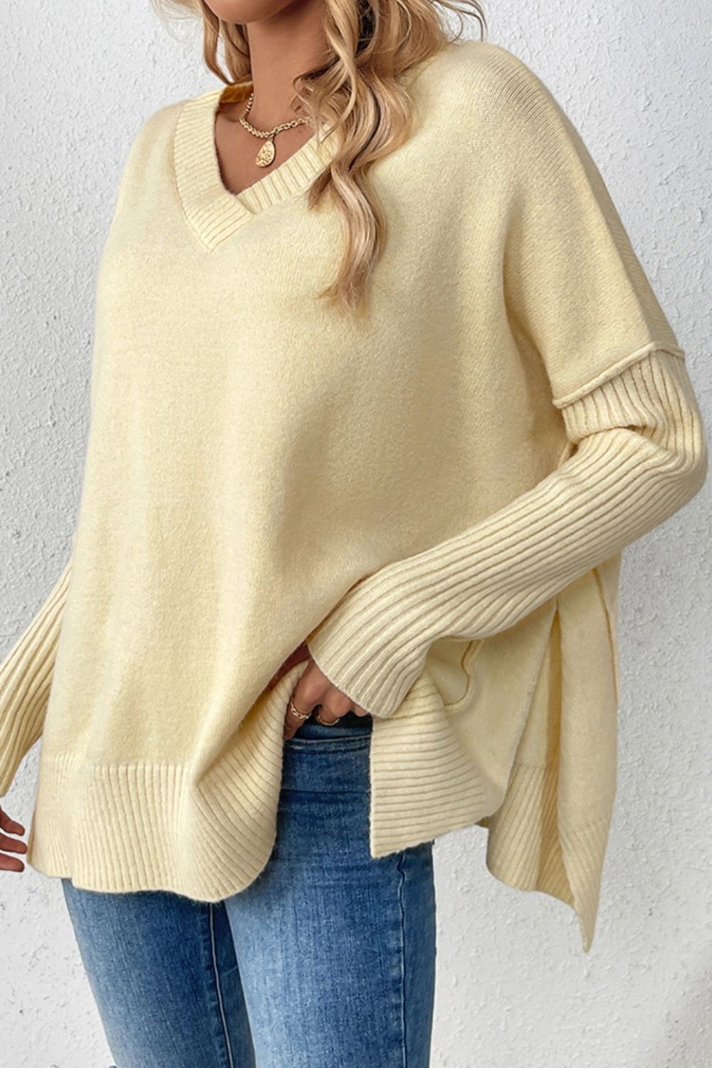 Slit V-Neck Dropped Shoulder Sweater 