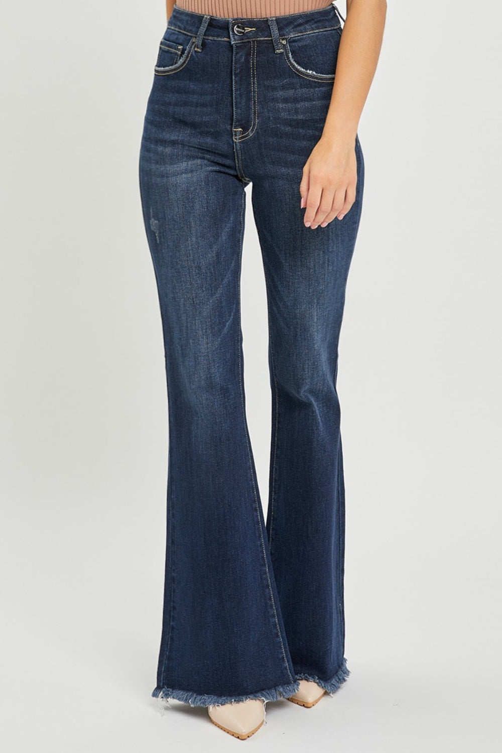 RISEN High Waist Raw Hem Flare Jeans 