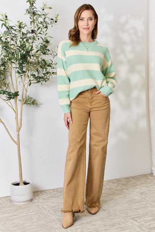 Sew In Love Full Size Contrast Striped Round Neck Sweater 