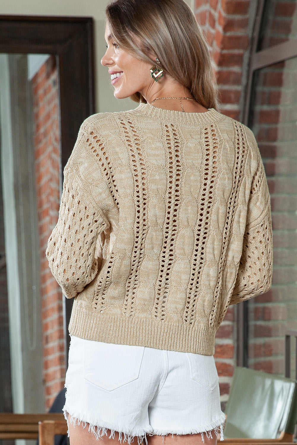 Full Size Openwork Cable-Knit Round Neck Knit Top 