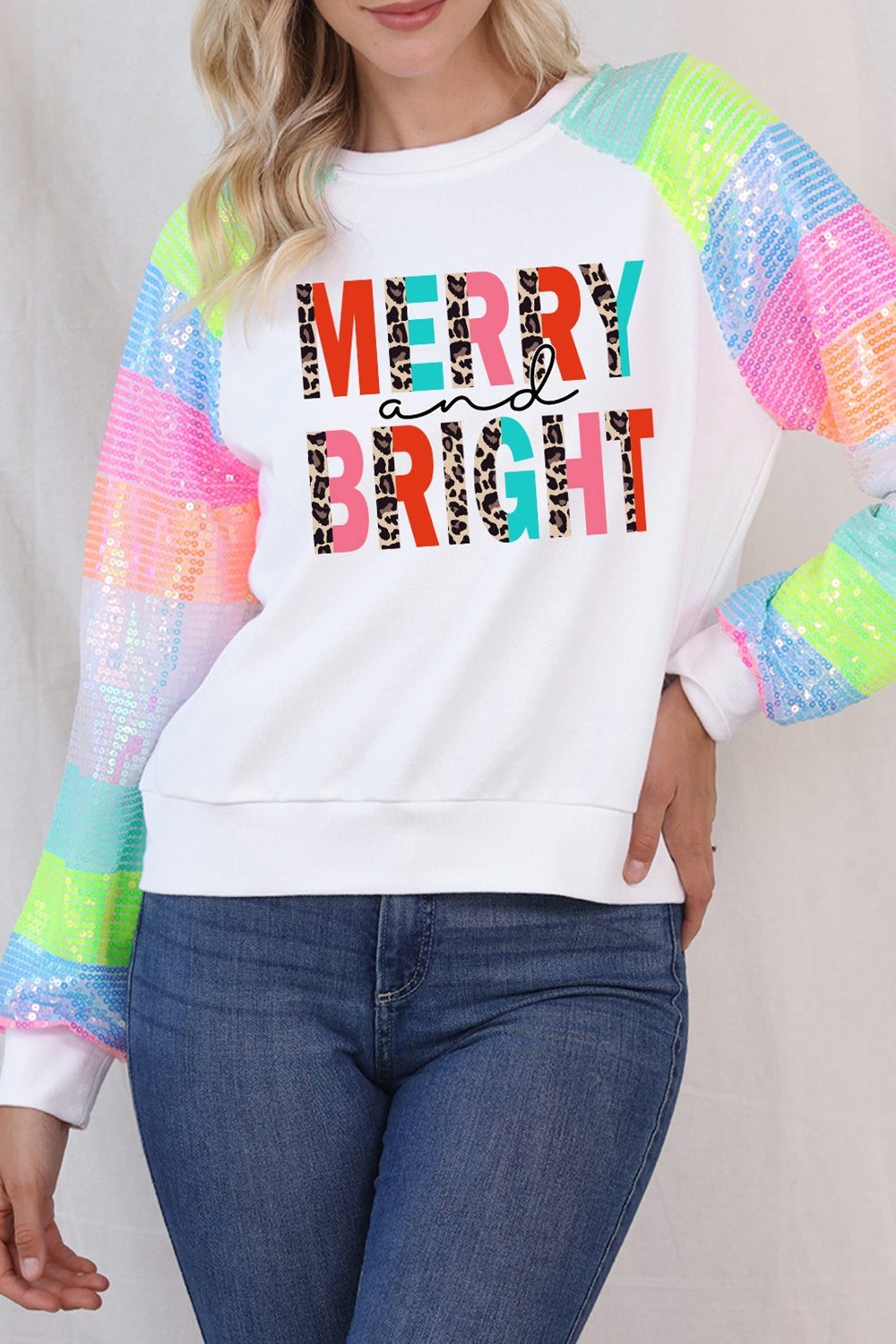 MERRY AND BRIGHT Sequin Long Sleeve Sweatshirt 