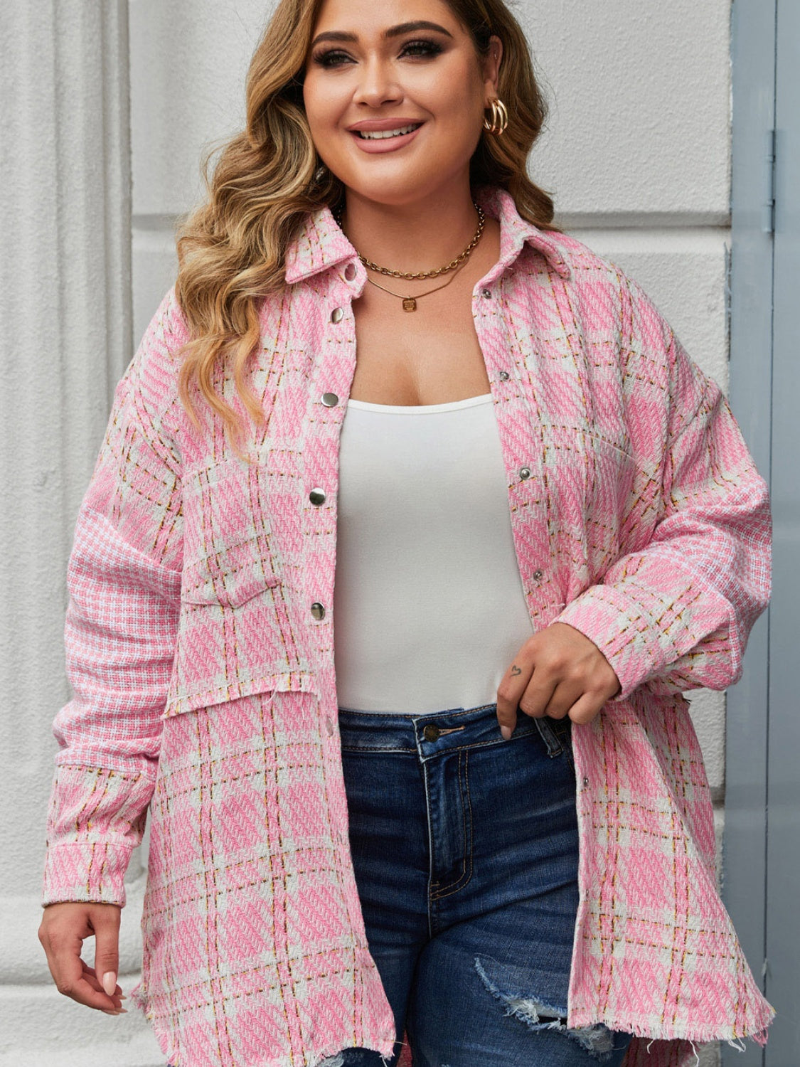 Plus Size Plaid Pocketed Snap Down Jacket 