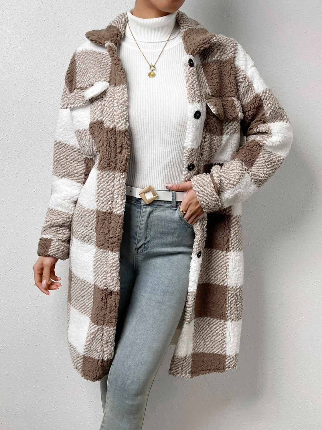 Plaid Collared Neck Button Down Coat 