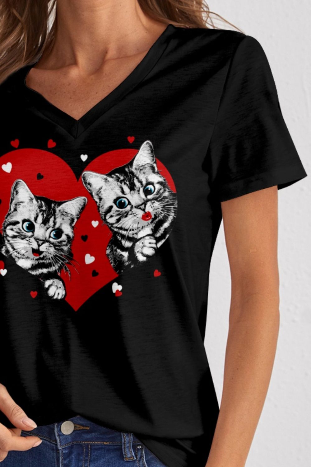 Cat V-Neck Short Sleeve T-Shirt 