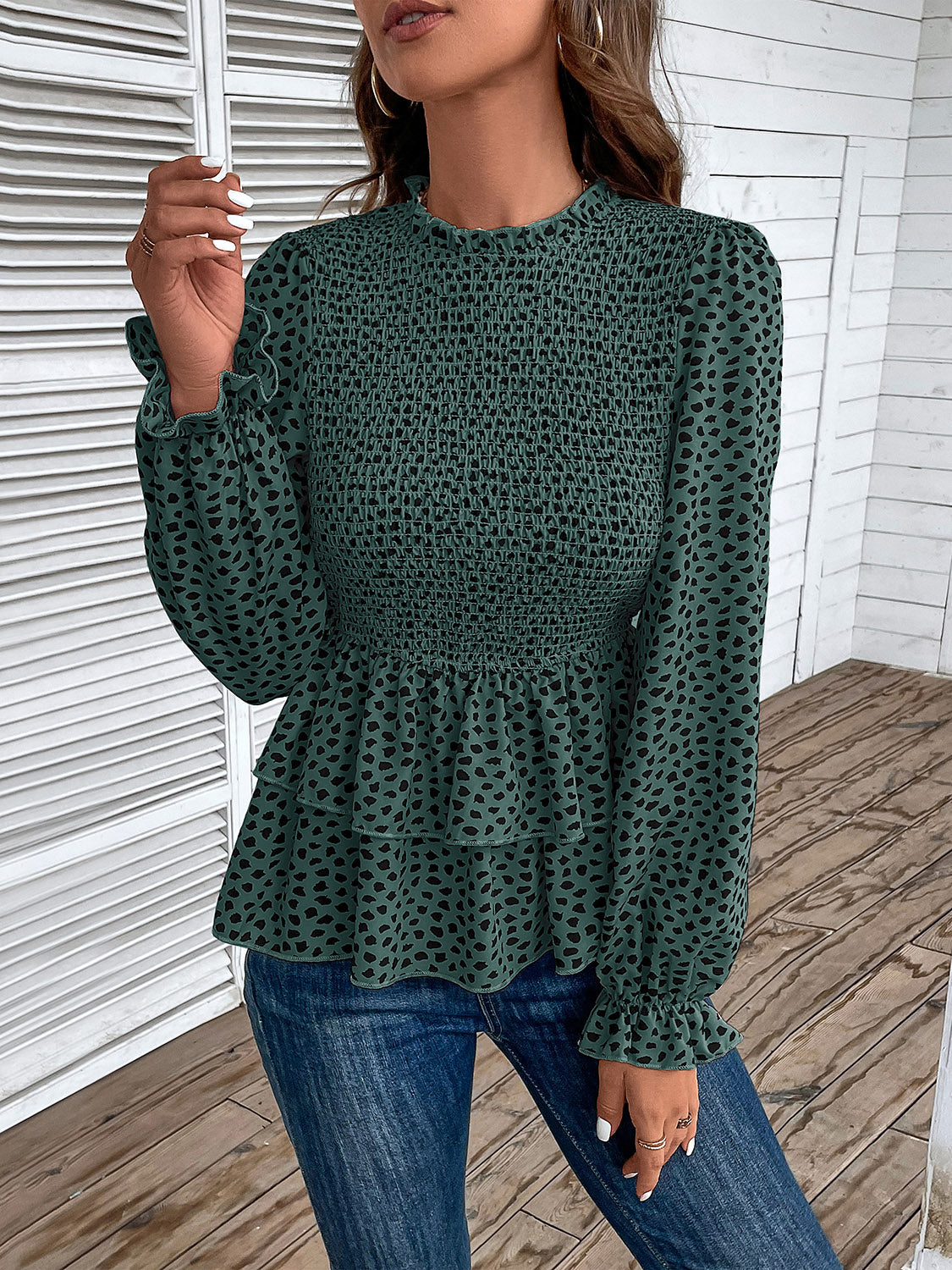 Printed Round Neck Smocked Flounce Sleeve T-Shirt 