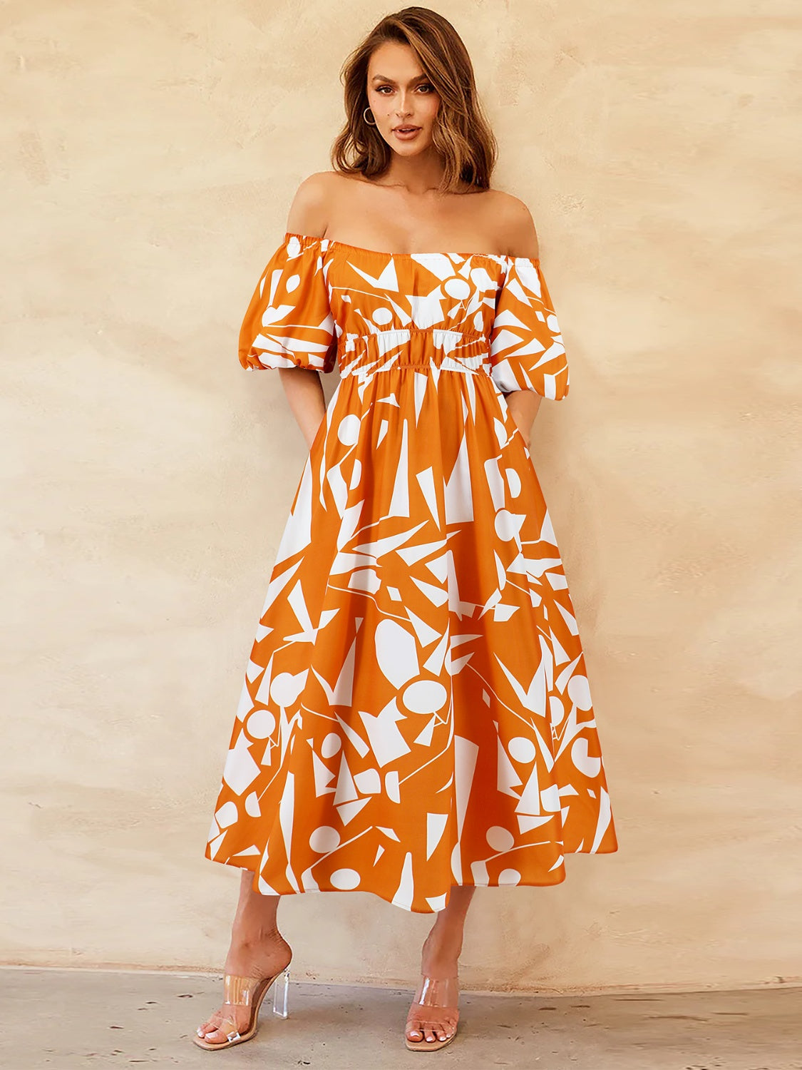 Printed Off-Shoulder Balloon Sleeve Dress - Babbazon Midi Dress