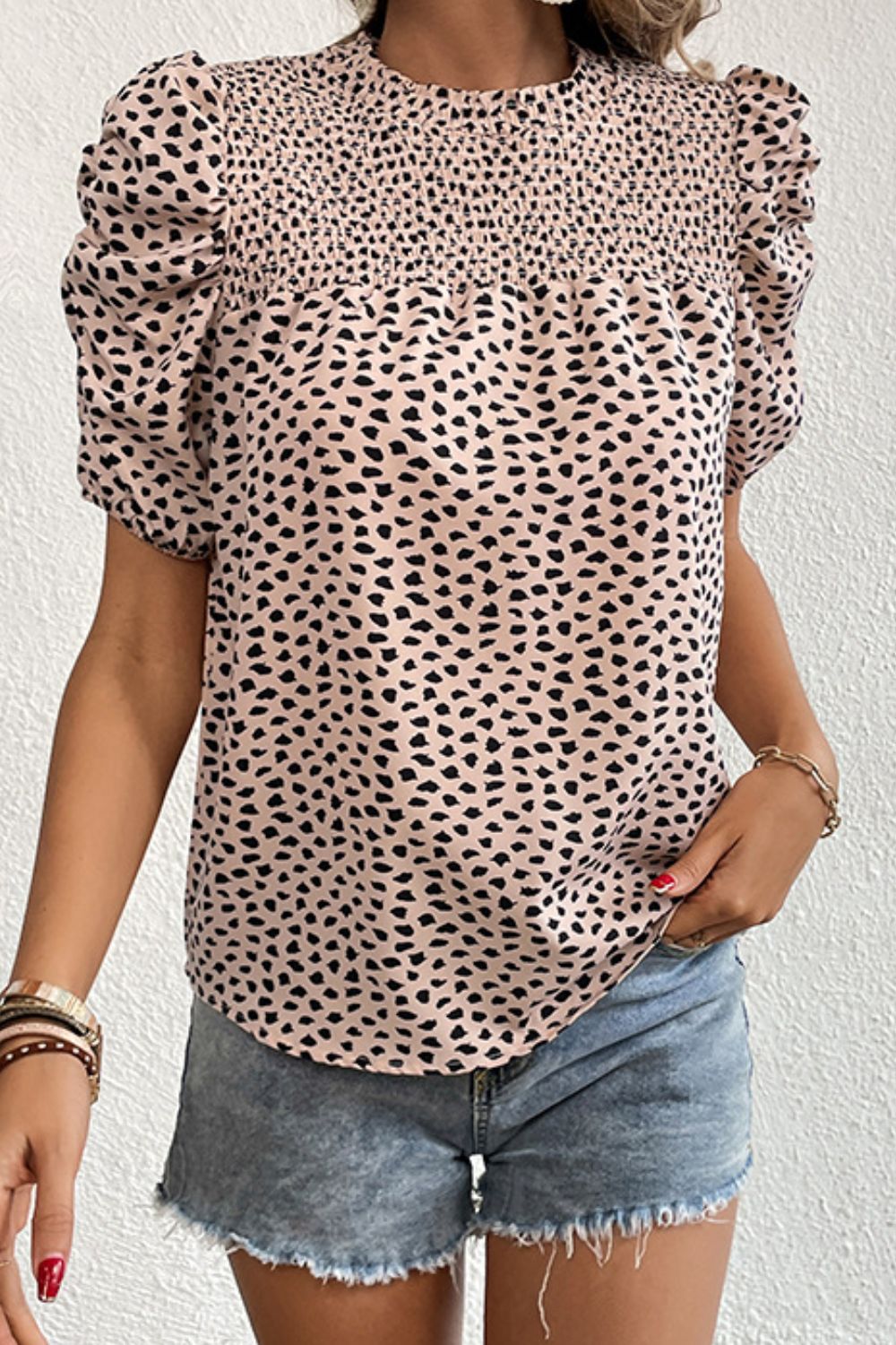 Printed Smocked Puff Sleeve Blouse 