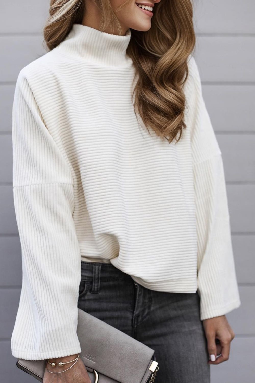 Turtleneck Slit Dropped Shoulder Sweater 