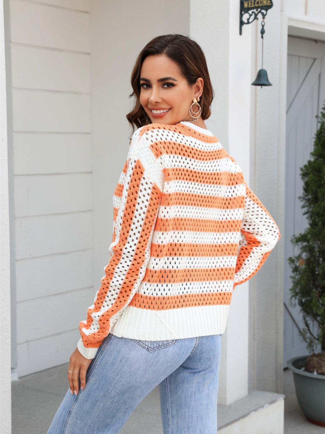 Striped Openwork Round Neck Sweater 