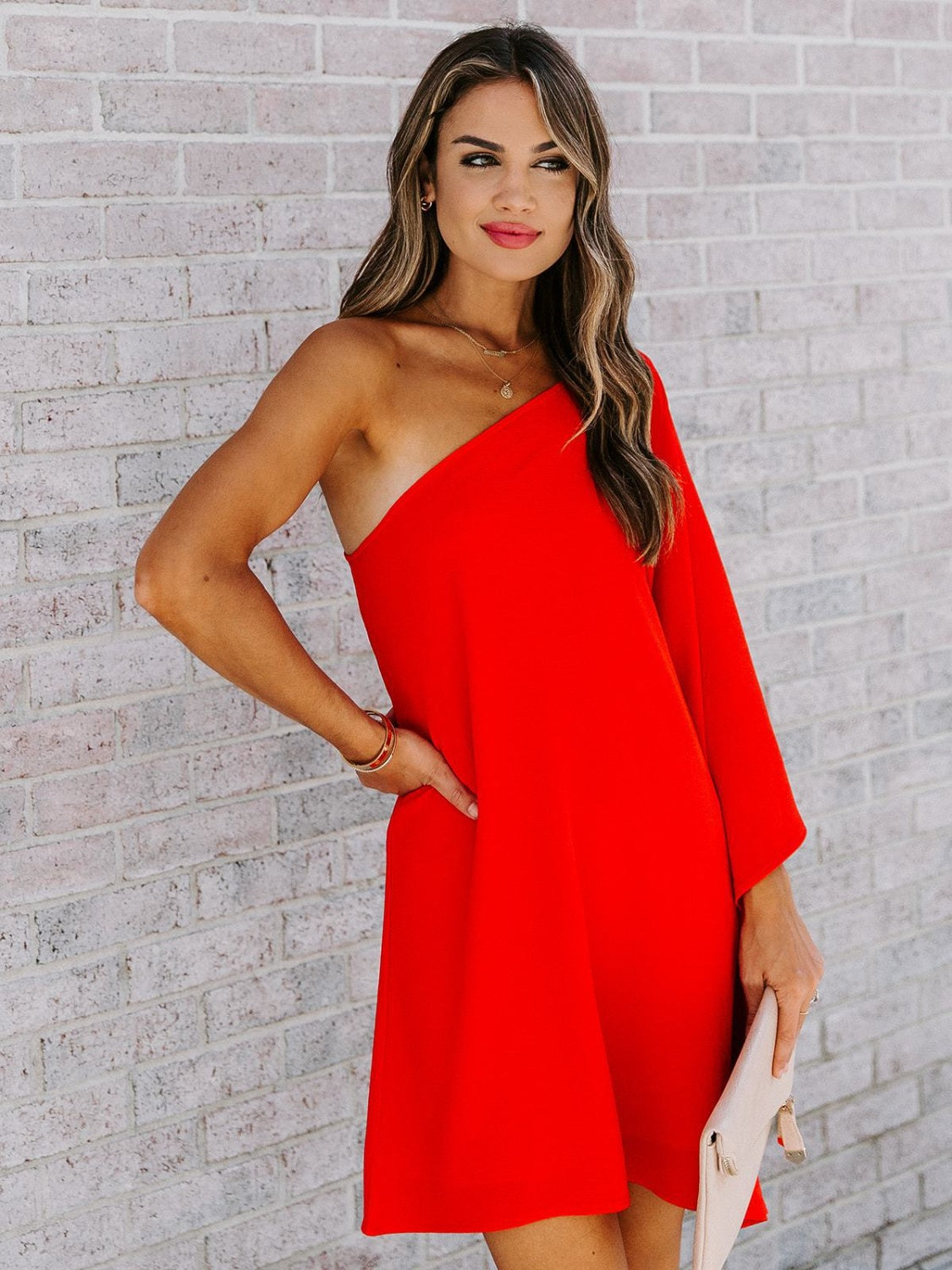 Single Shoulder Kimono Sleeve Mini Dress - Babbazon