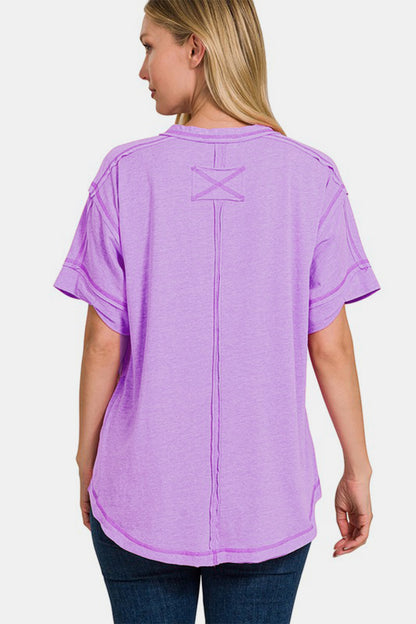 Zenana Exposed Seam Half Button Short Sleeve Top 