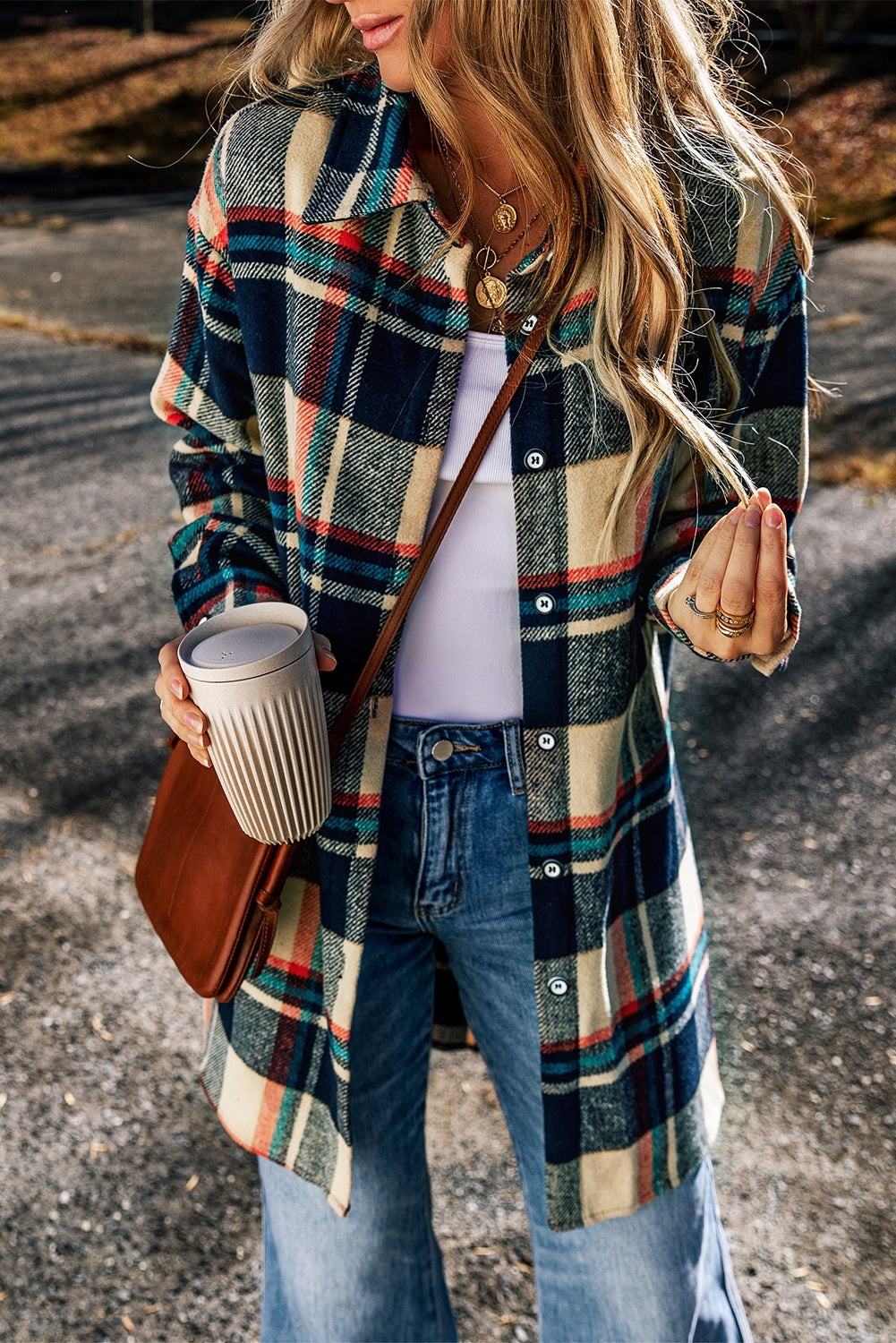 Plaid Button Up Long Sleeve Slit Shacket 