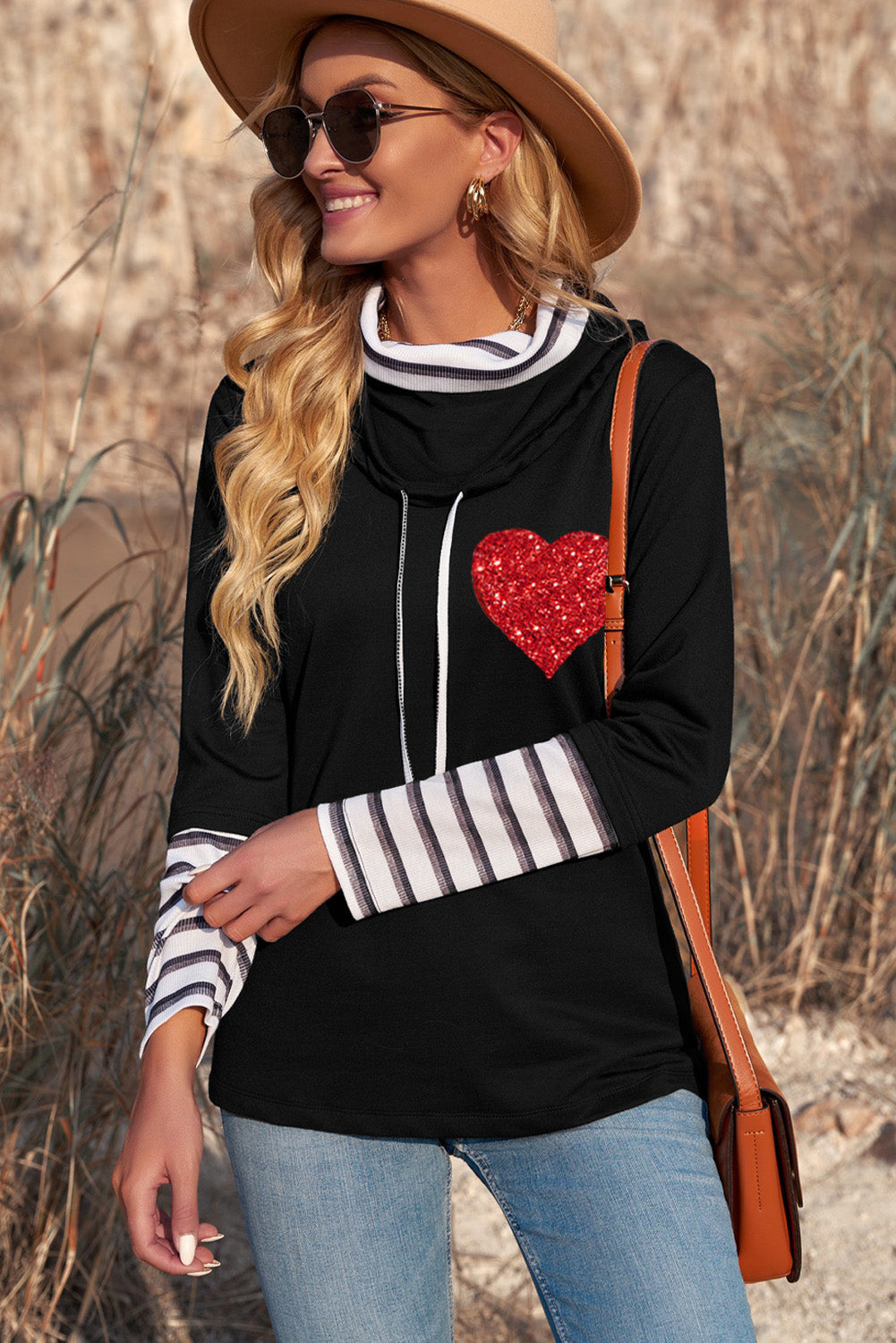 Striped Sequin Heart Graphic Long Sleeve Top - Babbazon Tops