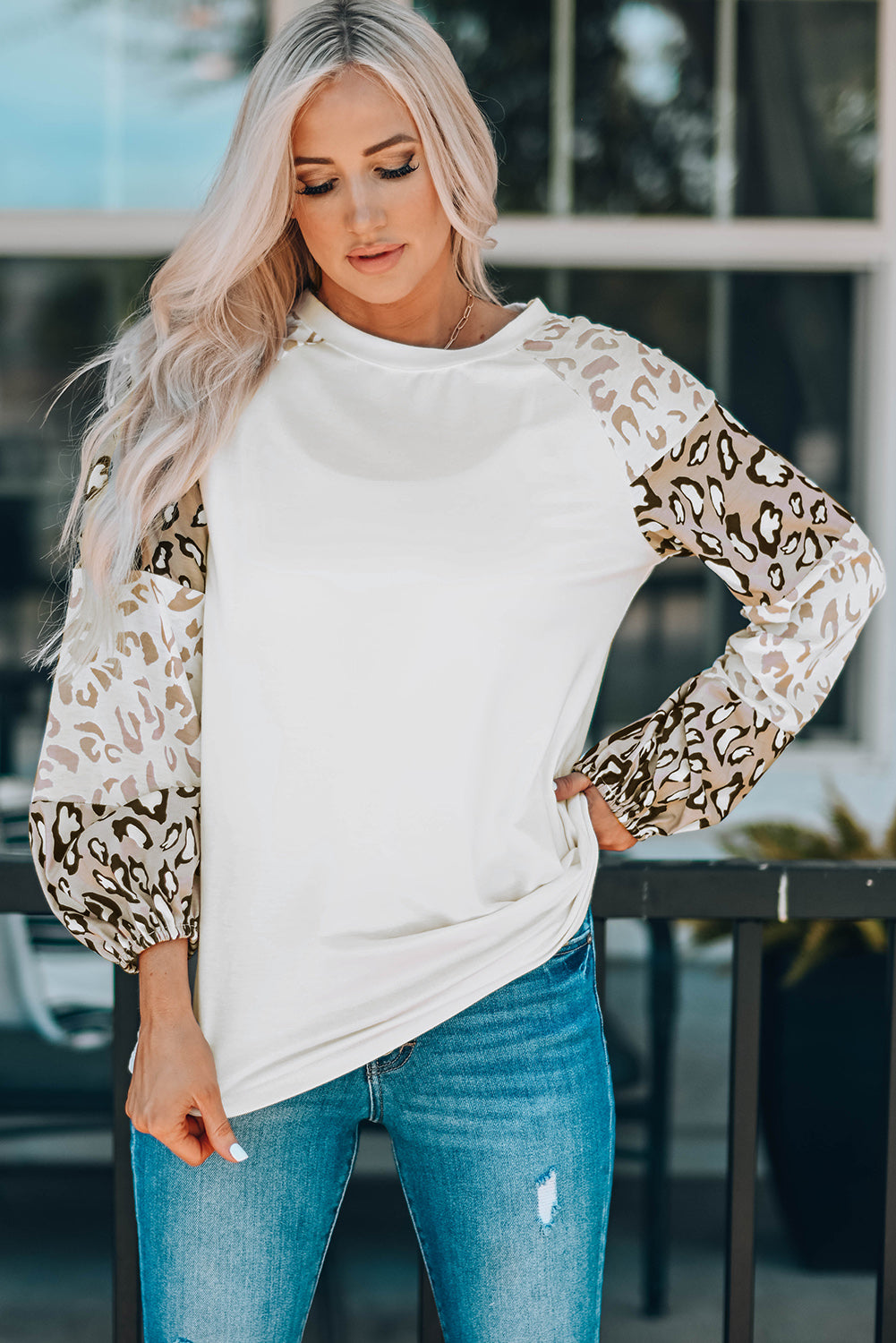 Leopard Round Neck Dropped Shoulder T-Shirt 