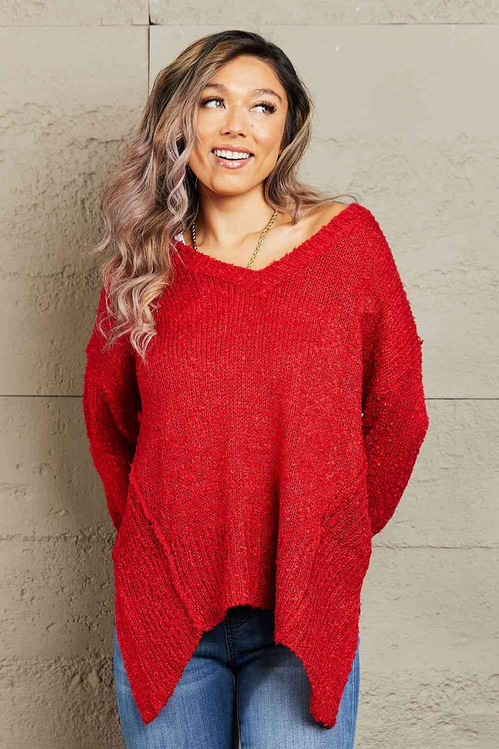 Heimish By The Fire Full Size Draped Detail Knit Sweater 