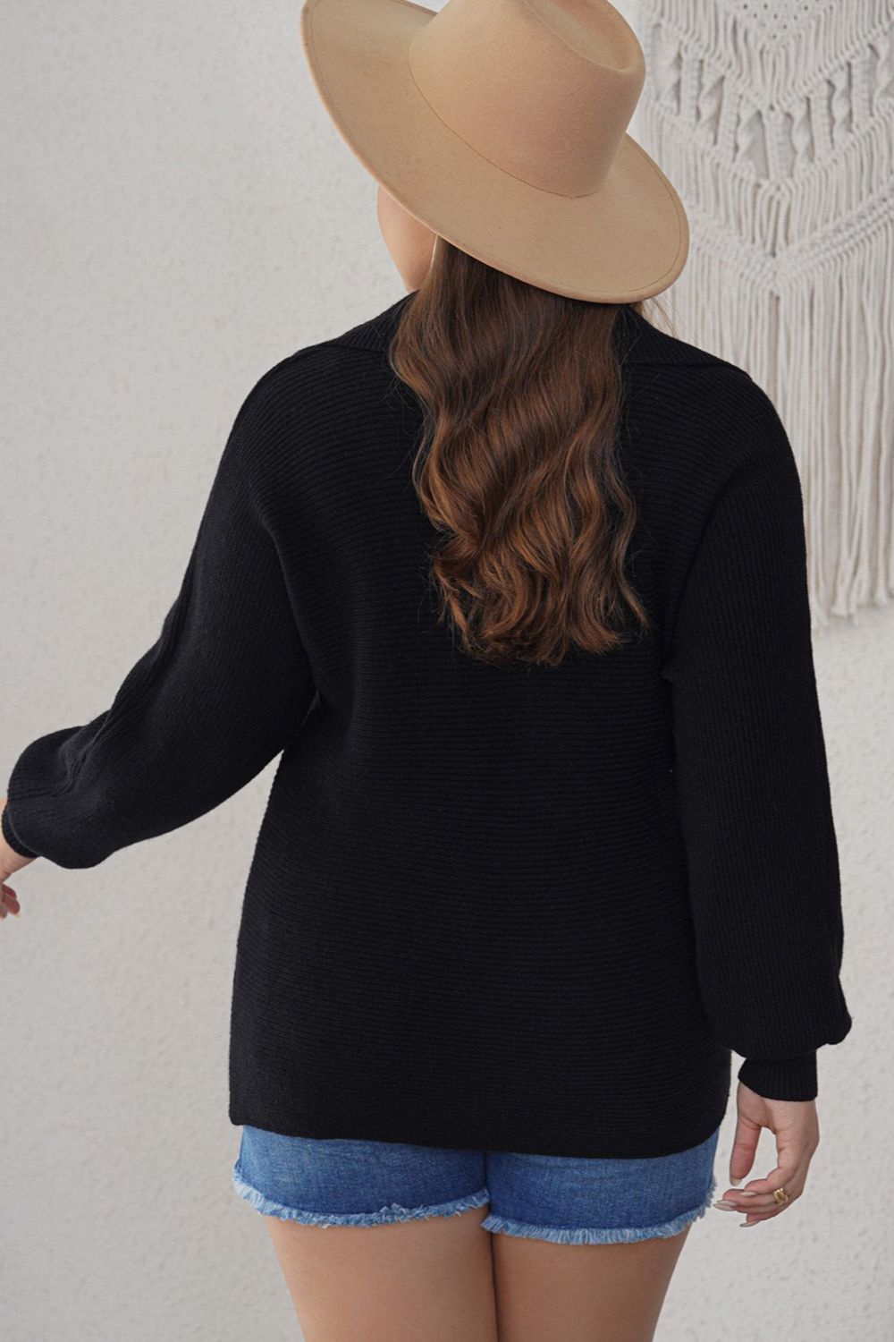 Plus Size Collared Neck Long Sleeve Sweater 