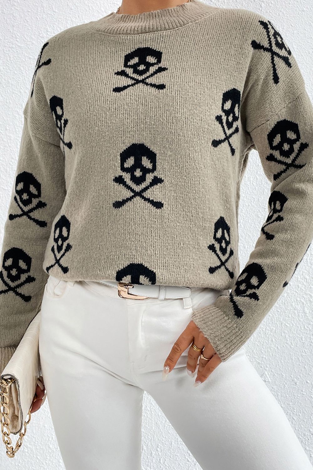 Graphic Mock Neck Dropped Shoulder Sweater 