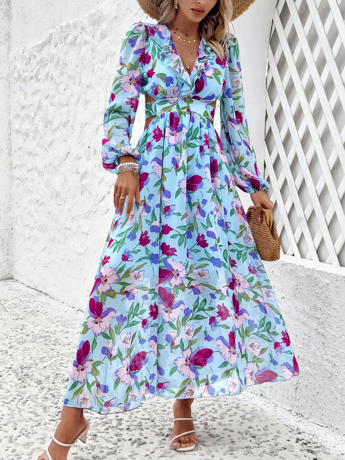 Cutout Printed V-Neck Balloon Sleeve Dress 