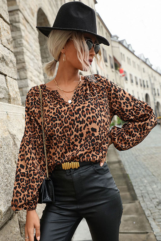 Leopard Lantern Sleeve Blouse 