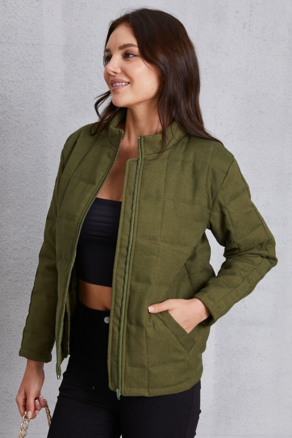 Zip Up Mock Neck Pocketed Jacket 