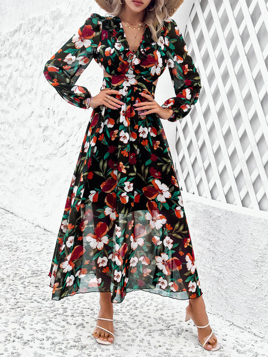 Cutout Printed V-Neck Balloon Sleeve Dress 