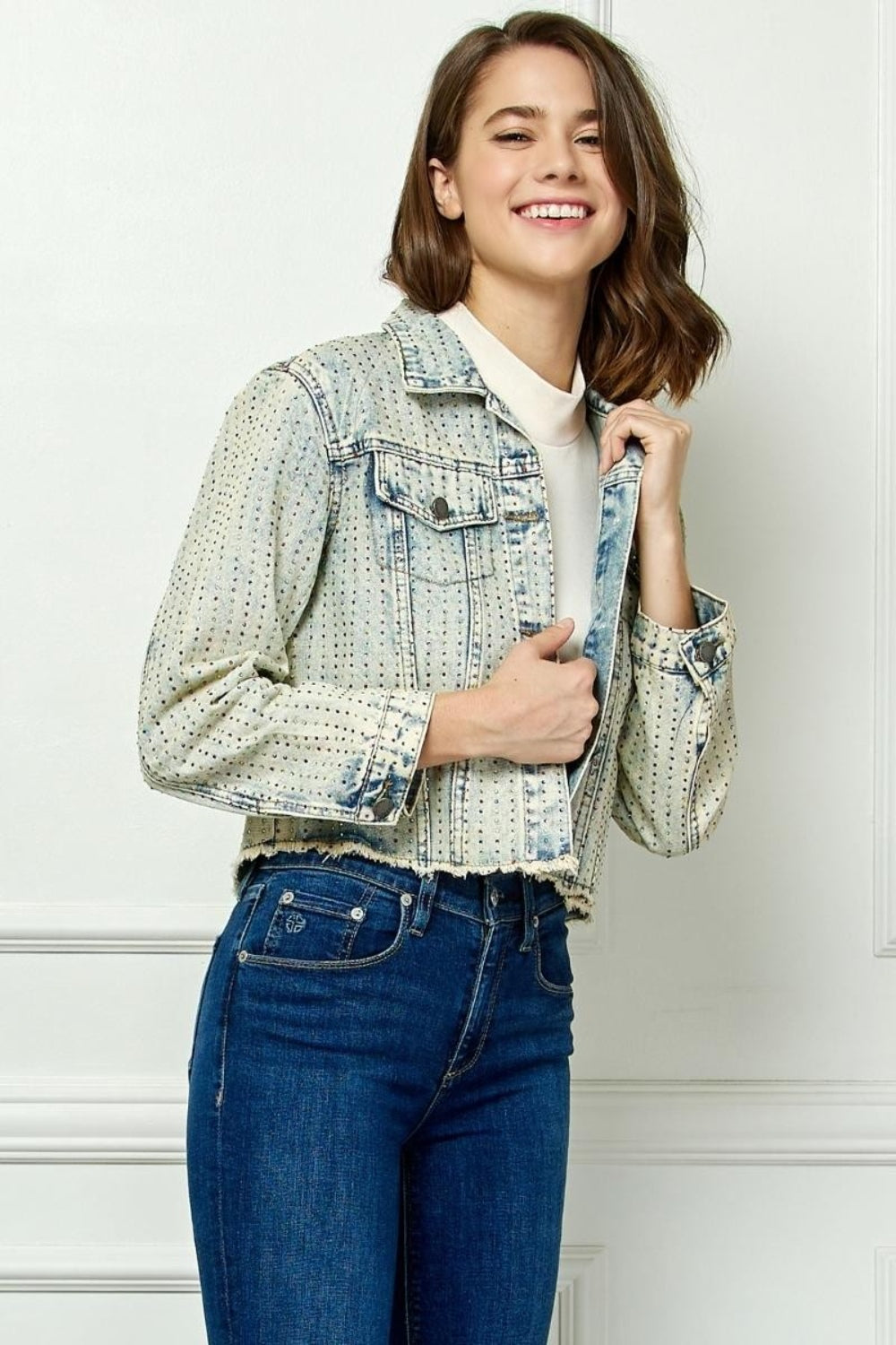 Veveret Multi Color Stripe Rhinestone Raw Hem Denim Jacket 