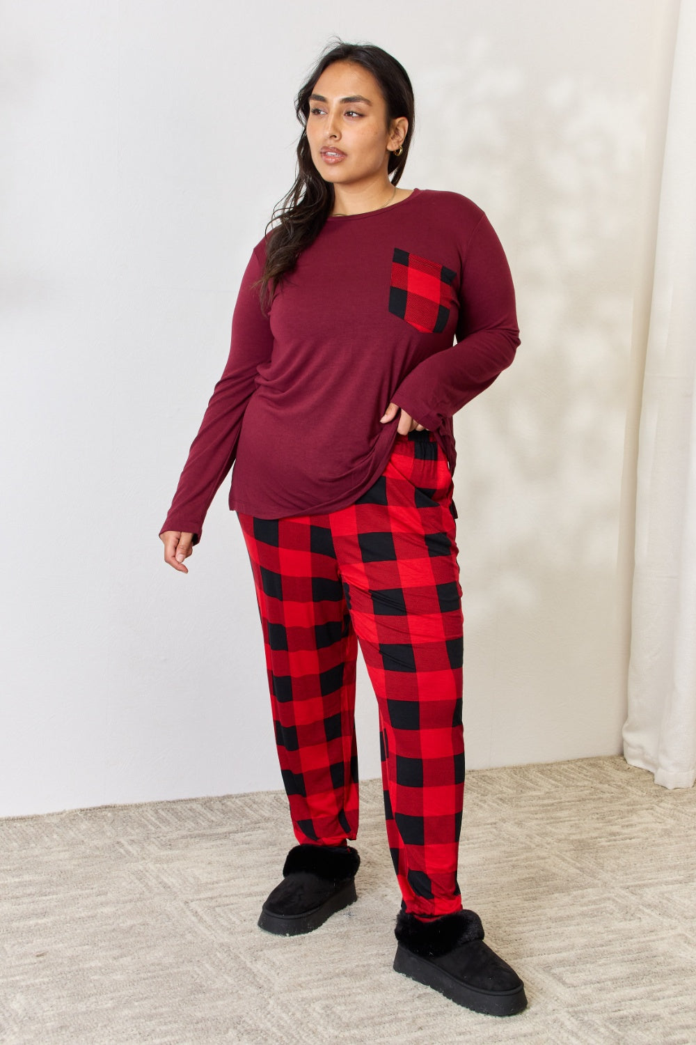 Zenana Full Size Plaid Round Neck Top and Pants Pajama Set 