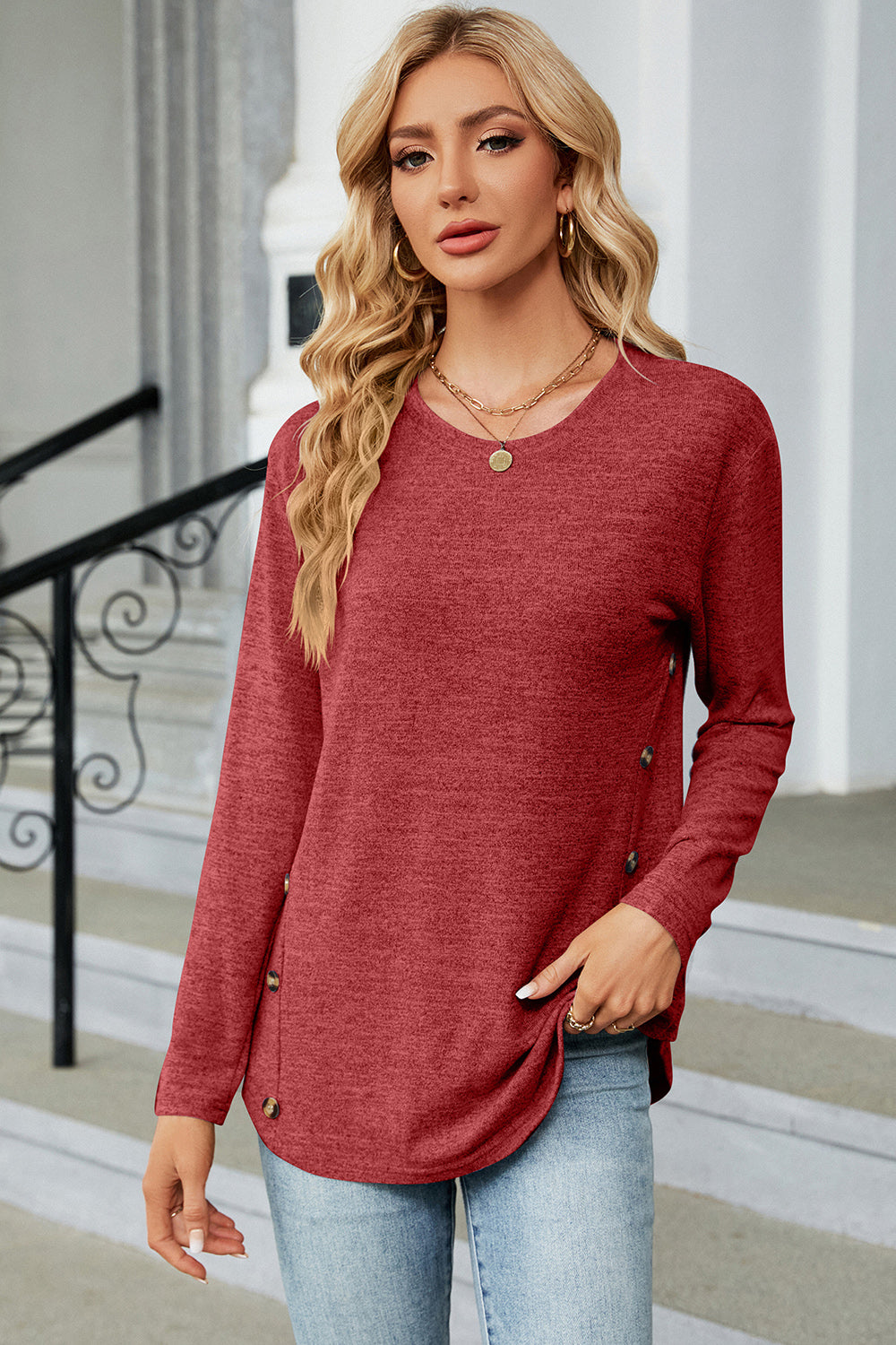 Decorative Button Round Neck T-Shirt 