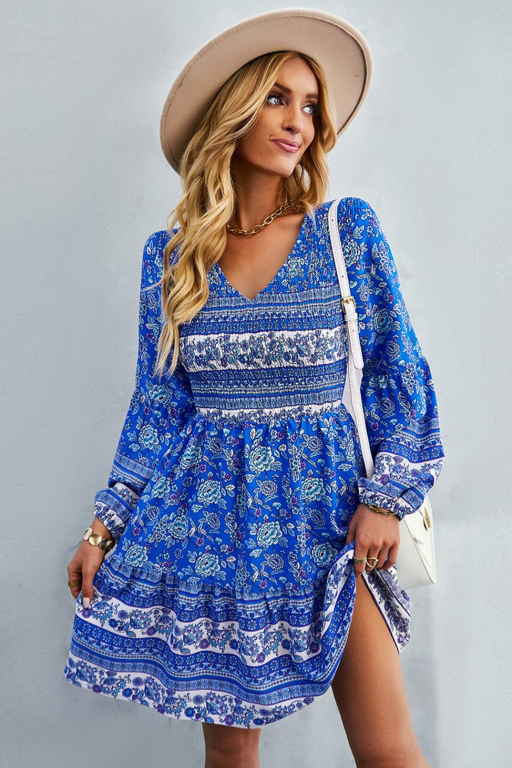 Bohemian V-Neck Balloon Sleeve Dress 