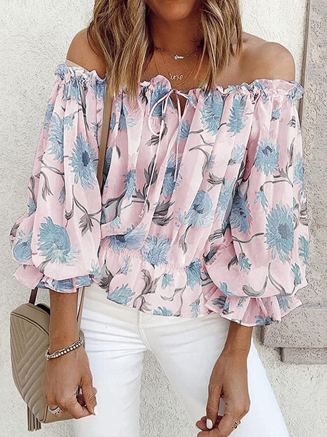 Floral Off-Shoulder Flounce Sleeve Blouse 