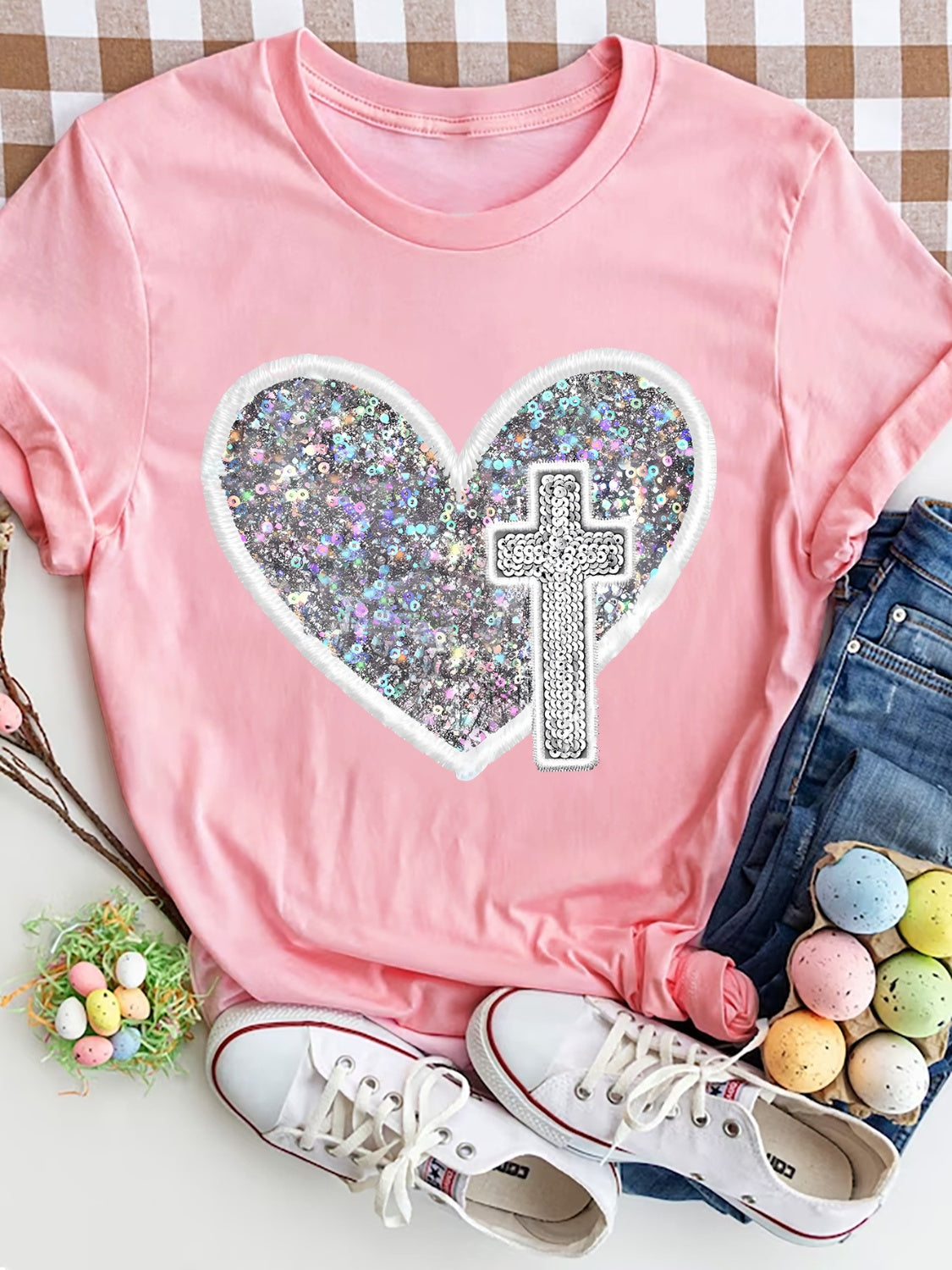 Sequin Heart Round Neck Short Sleeve T-Shirt 