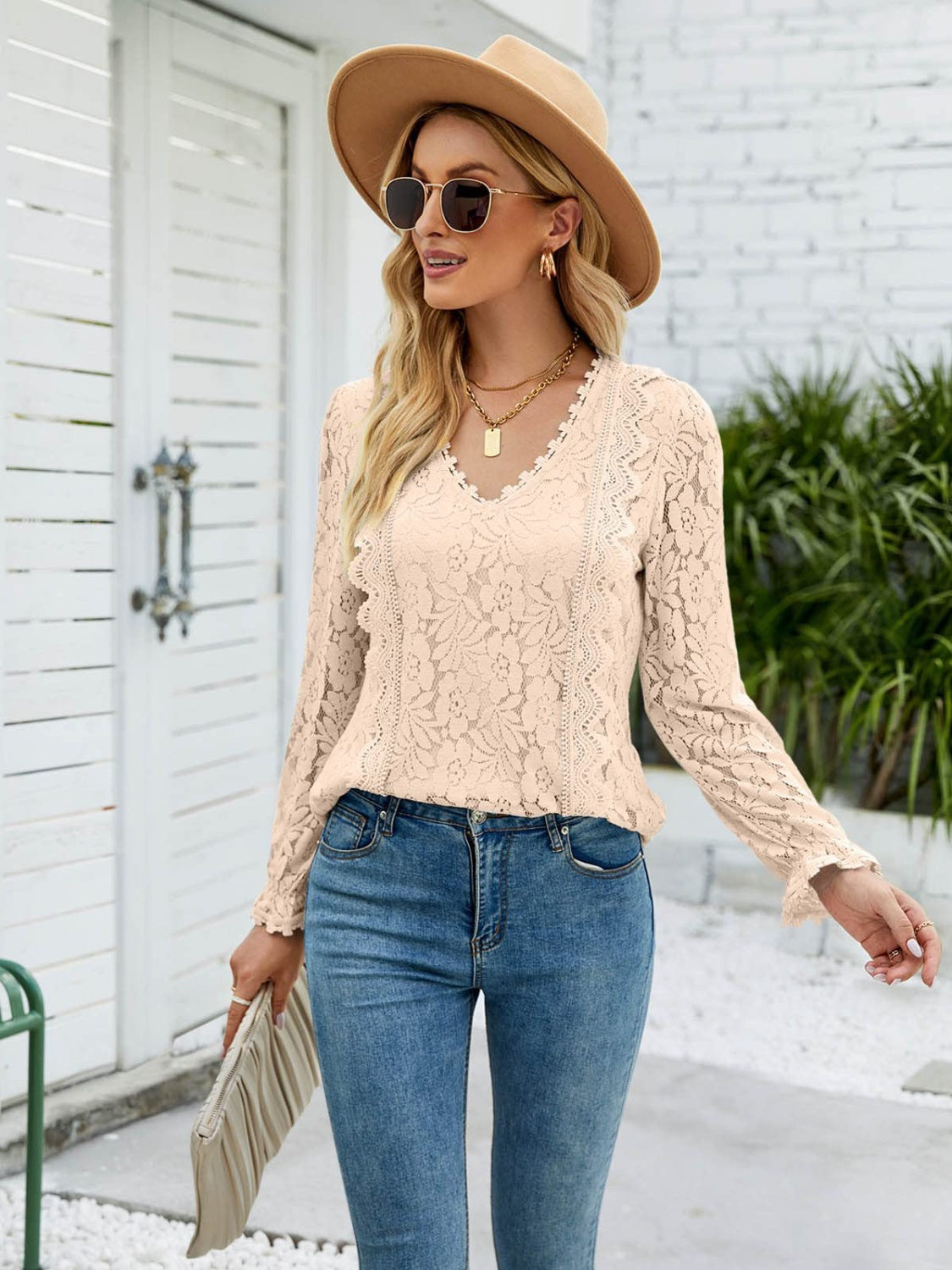 Lace V-Neck Flounce Sleeve Blouse 