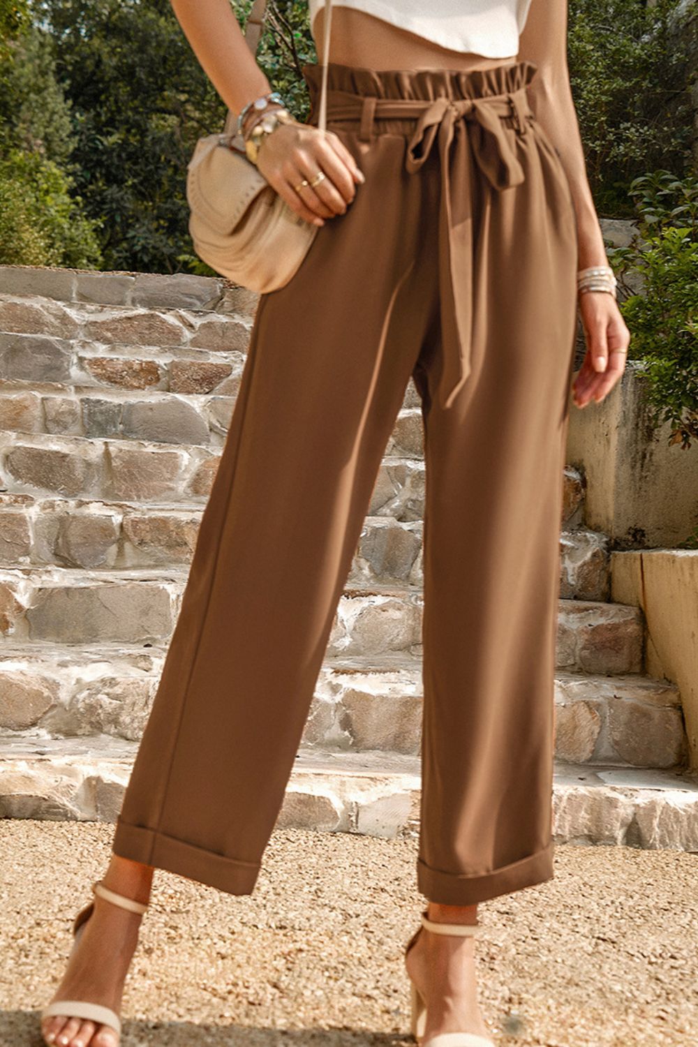 Tie Belt Paperbag Waist Straight Leg Pants 