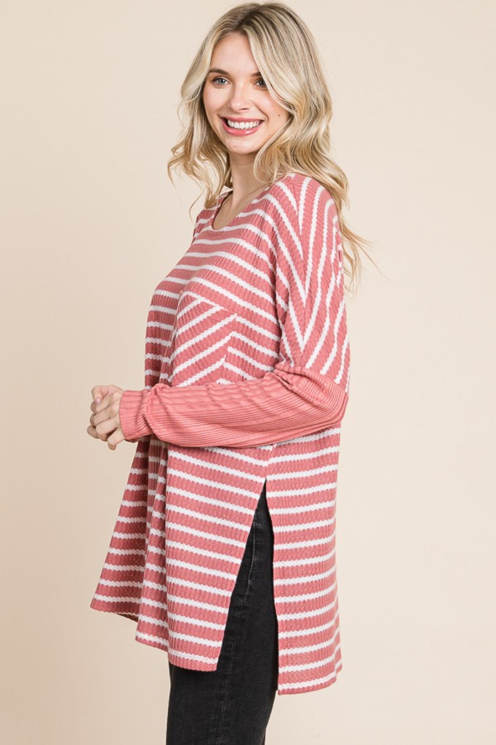 Culture Code Oversize Striped Round Neck Long Sleeve Slit T-Shirt 