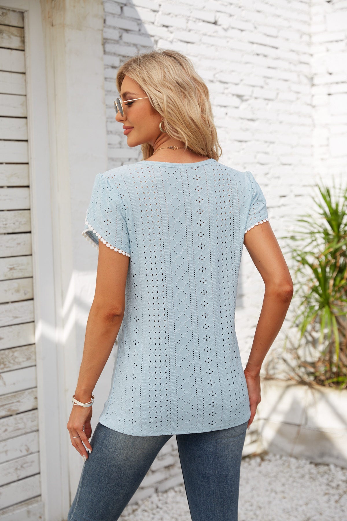 Eyelet Round Neck Petal Sleeve T-Shirt 