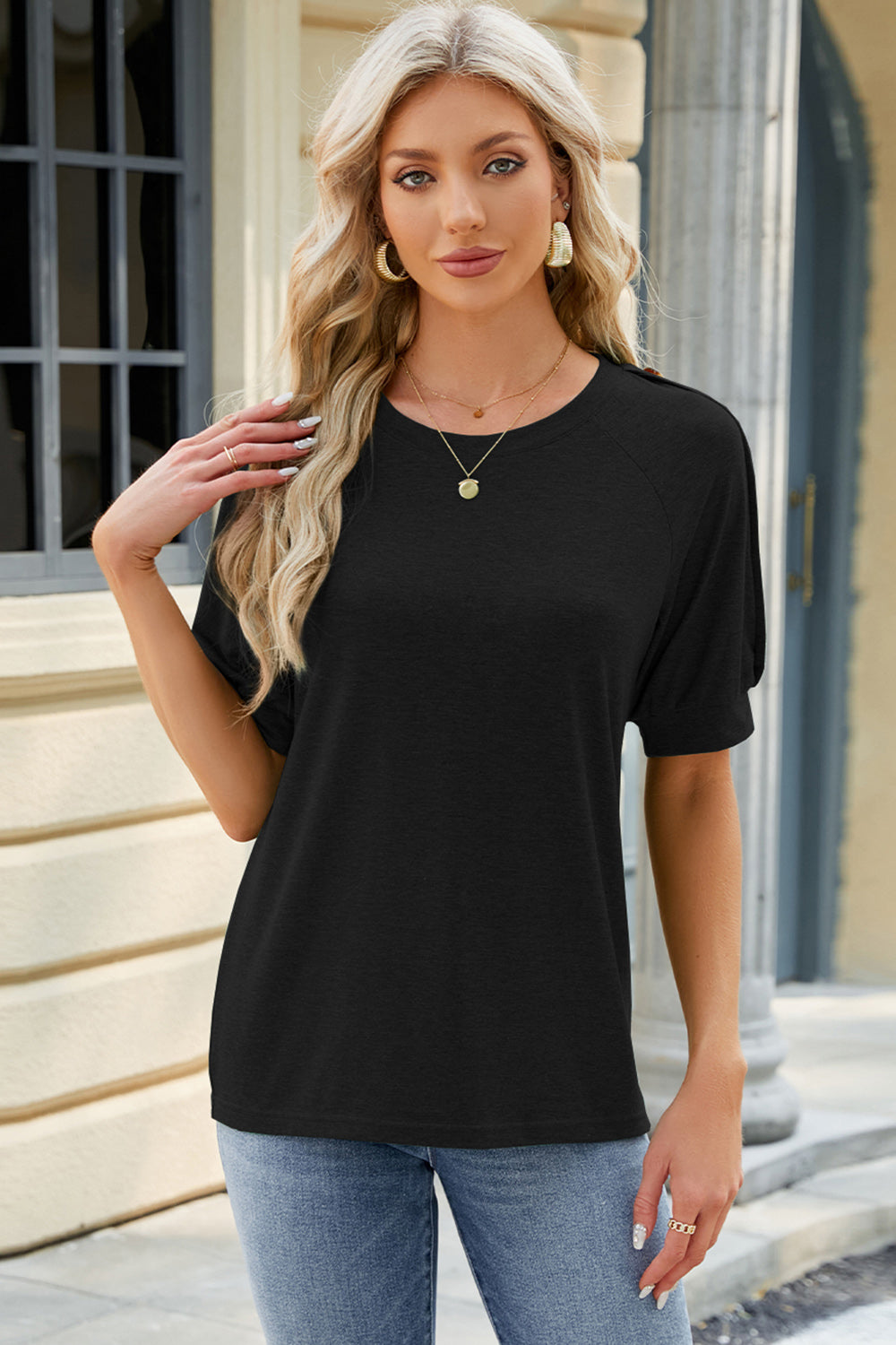 Round Neck Buttoned Short Sleeve T-Shirt 