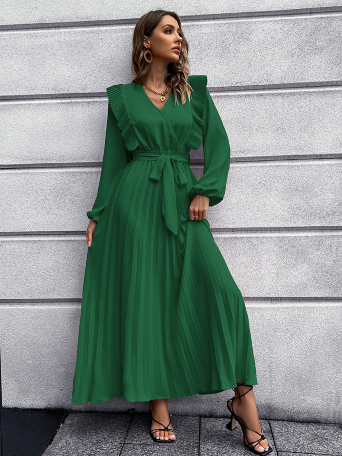 Pleated Surplice Tie Waist Maxi Dress 