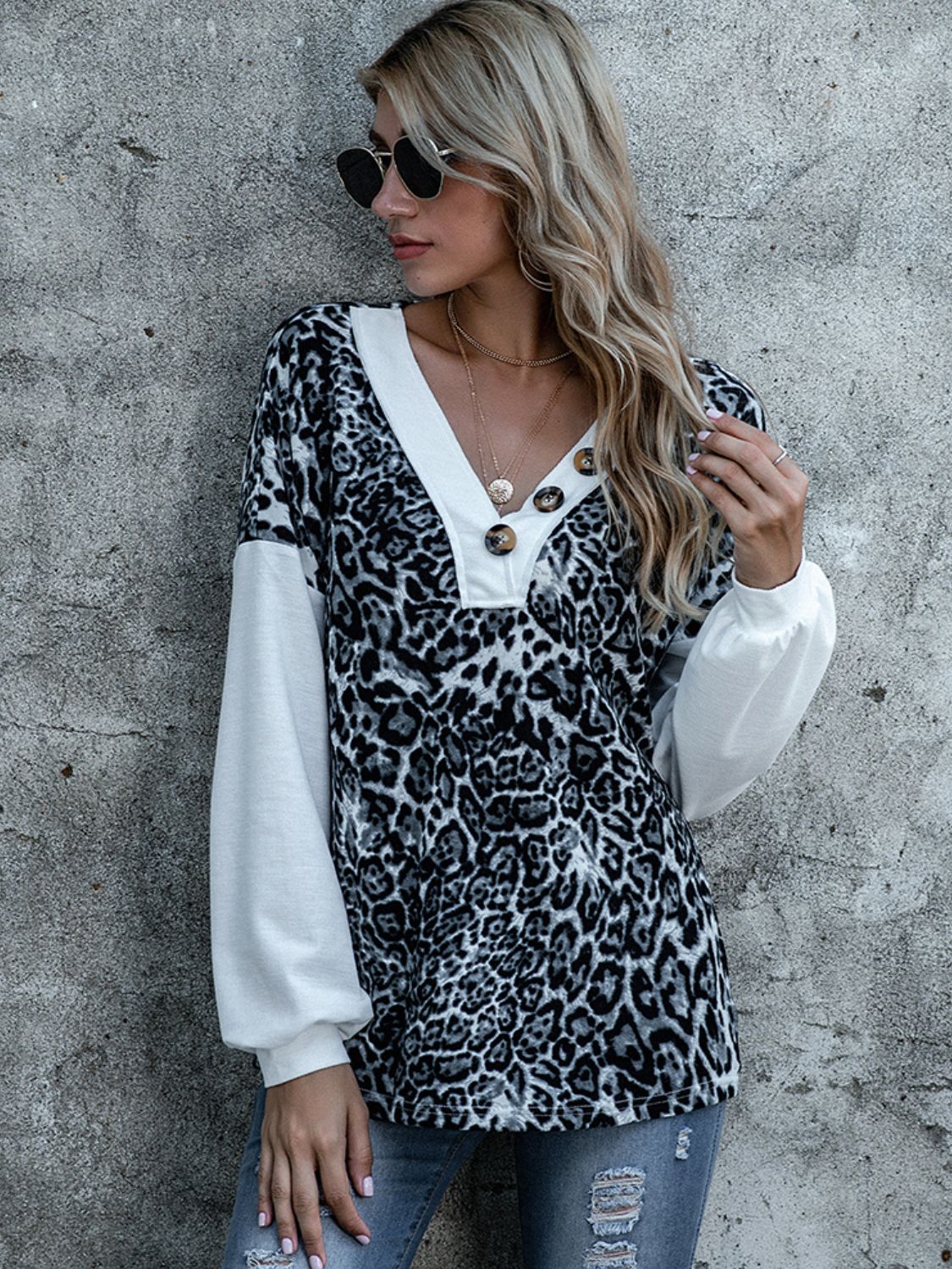 Leopard Decorative Button V-Neck Top 