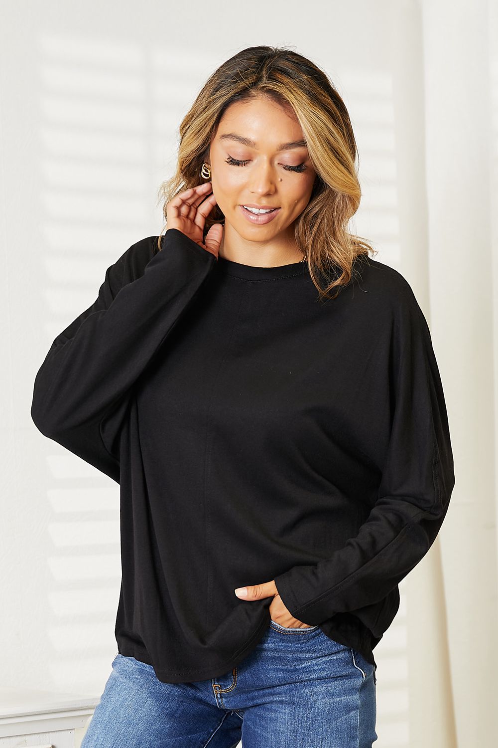 Double Take Seam Detail Round Neck Long Sleeve Top 